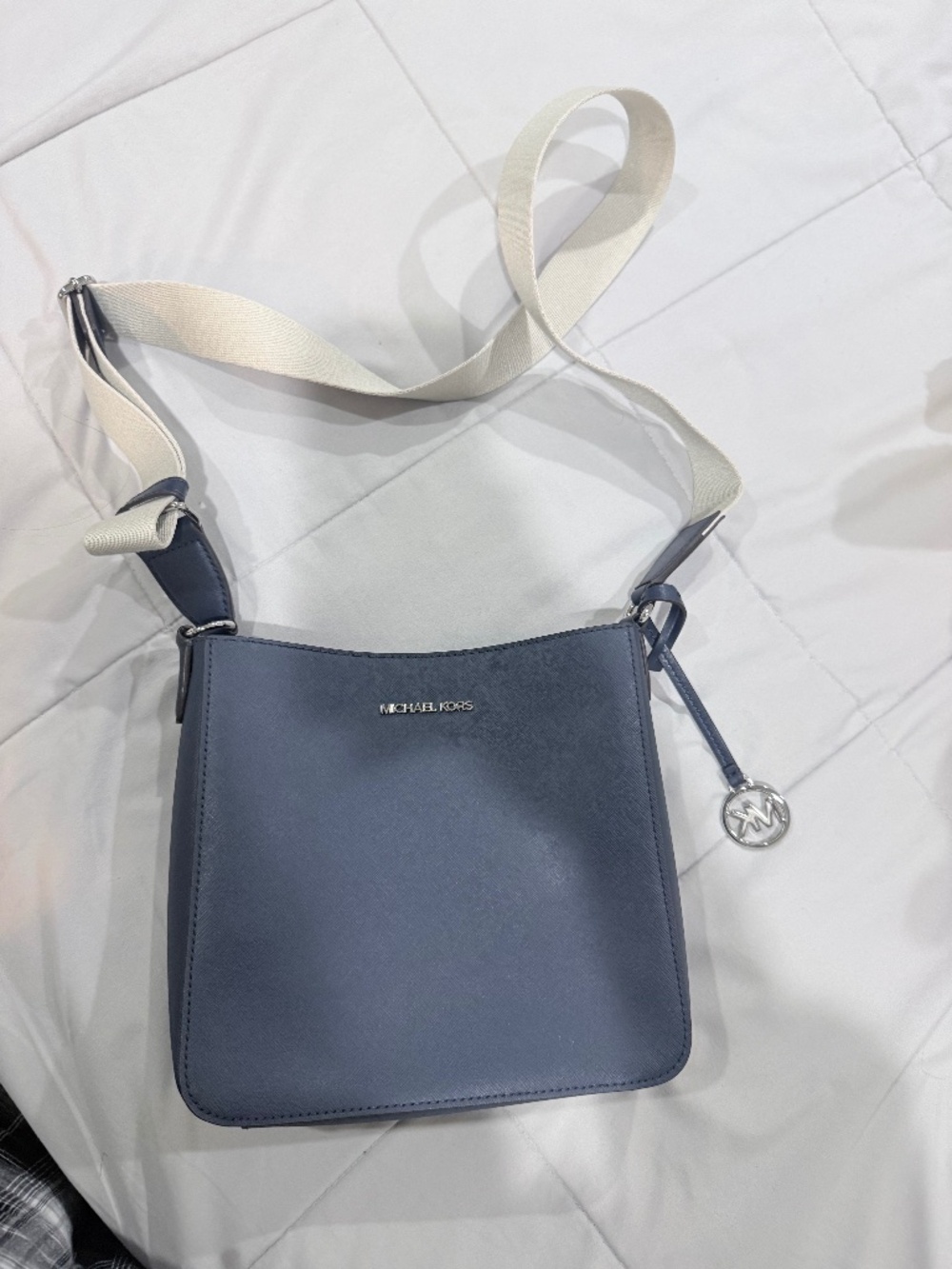Michael Kors Navy Leather Crossbody Bag Wide Logo Strap Silver Hardware EUC
